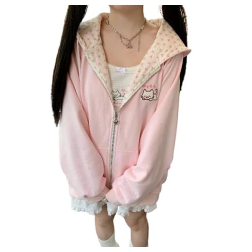 Pokn Y2K Jojifuku Cutecore Kawaii Hoodie Clothes Women Long Sleeves Tops Graphic Cutecore Shoujo Clothes (Large,Pink)