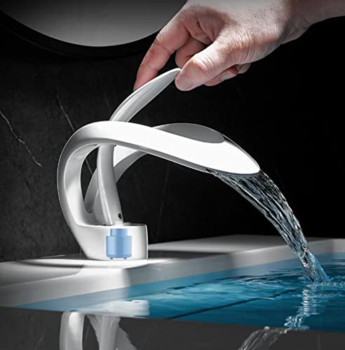 Waterfall Bathroom Counter Top Taps Bath Basin Mixer Tap Mono Brass Faucet,White,Low - Image 4