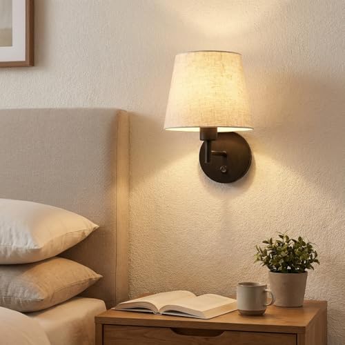 BARCELONA LED Applique Murale avec Abat-Jour en Lin Beige et Structure Métal Noir, Interrupteur Intégré, Lampe de Lecture pour Chambre, Bureau, Couloir, Escalier,...