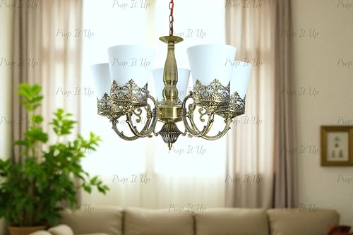 Image of Prop It Up Vintage 5-Light Chandelier with Frosted Glass Shades, Antique Brass Crown Design Chandelier for Hall, Chain Mount, Without Bulb