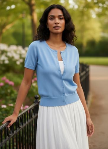 Image of GRACE KARIN Women Short Sleeve Cardigan, 2026 Summer Knitted Sweater Tops, Basic Crew Neck Crop Outfits