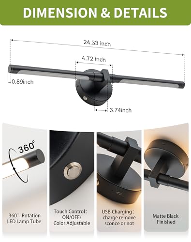 Image of 2025 New Black Wall Sconces Set of Two Battery Operated, 24 Inch Wireless Modern USB Rechargeable Wall Sconce Set of 2, 360 Rotable Remote LED Sconces Wall Light Decor , Dimmable 3 Color Temperature