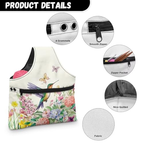 Image of KUIFORTI Hummingbird Knitting Yarn Bag, Flower Crochet Bags for Women Tote Bag for Knitting Needles, Yarns and Unfinshed Project, Crochet Hook Organizer, Large Size