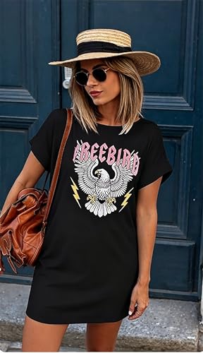 Image of Vintage Rock Country Music Dress for Women Rock Concert Band Graphic Tshirt Casual Letter Print Short Dress