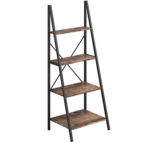 4NM Industrial 4-Tier Ladder Shelf, Metal Bookshelf Multifunctional Plant Flower Stand Storage Rack Shelves - Rustic Brown and Black