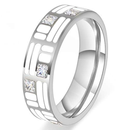 Promise Engagement Wedding Ring for Women Men – 316L Stainless Steel 18K Gold Plated Fu Character Good Luck Ring with Diamond Enamel, Non-Tarnish Stackable Band, Anniversary Birthday Gift Jewelry (CZ Chinese Fu Rings_Silver, Size 8)