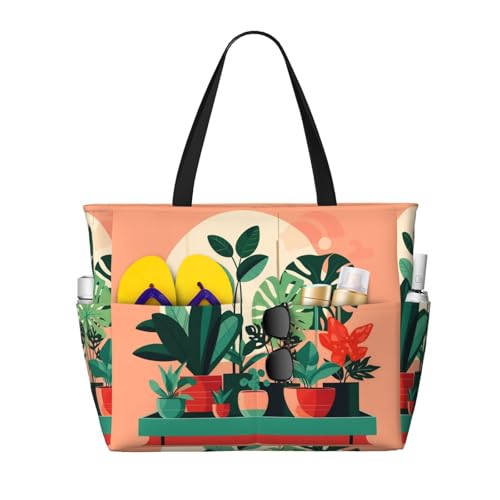 Indoor potted green plants Large capacity beach bag with zipper, perfect for grocery bag pool gym travel shopping foldable beach travel bag,