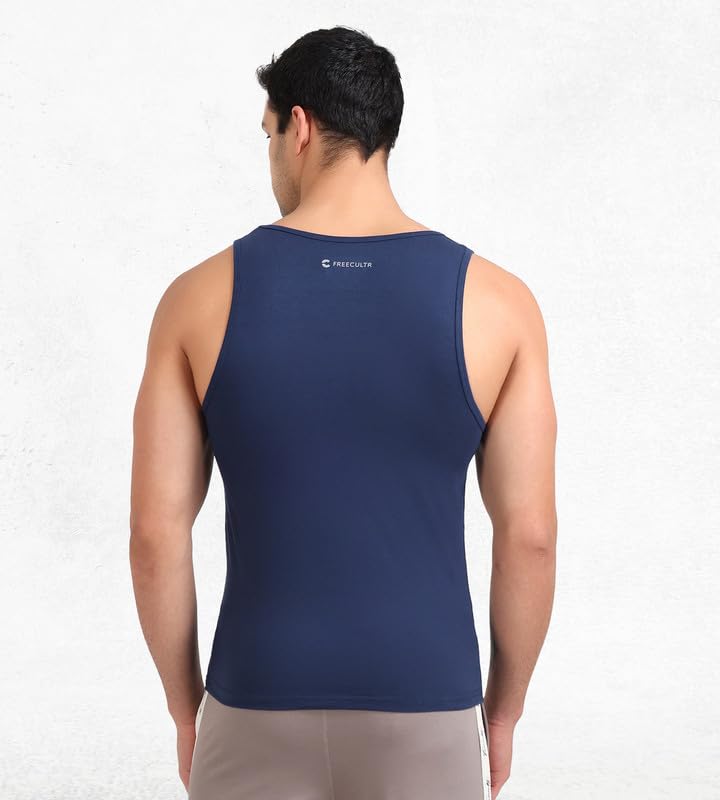 Image of Freecultr Cotton Vest for Men Sleeveless Lightweight Solid Round Neck Comfort Vest | Ultra-Soft Breathable Innerwear Sando for Gym, Sports, Workout, and Everyday Wear | Regular Fit and Durable Design