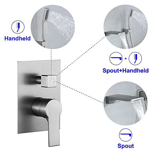 Shamanda Waterfall Wall Mounted Bathtub Faucet With Hand Shower, Bathroom Single Handle Tub Faucet Modern Brass Tub Shower Faucet Set(Including Rough-In Valve Body And Trim), Brushed Nickel, L901-2 #TOP1