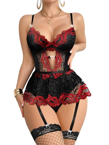 Image of Foxiny Sexy Lingerie Set 3 Piece Women Corset Bodysuit | Sheer Mesh Lace Push-Up Underwire Heart Garter Stocking Plus Size Curvy Exotic Costume Halloween Christmas Valentine's Day