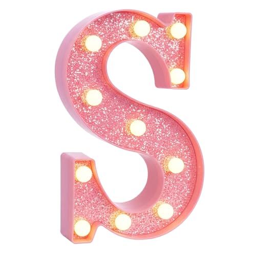 Image of Pink Marquee Light Up Letters, Glitter Alphabet LED Letter Lights for Pink Birthday Party Decorations, Battery Operated Letter Sign for Girls Room Vanity Table Decor, Warm White Lights Letter S