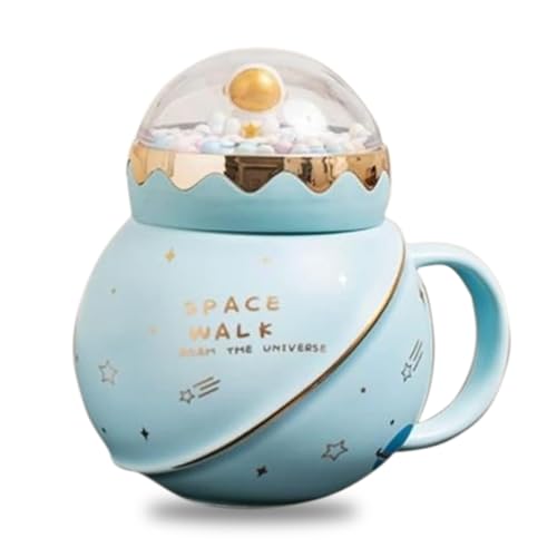 Image of KRESHU Space Walk Astronaut Ceramic Coffee Mug | Galaxy Planet Theme Tea Cup with Airtight Pearl Lid, Cute Bubbles Design, Heavy Quality Milk Coffee Mug for Kids (Multi, 1-pcs)