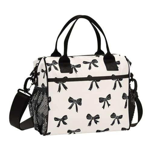 Aslsiy Black Bows on Beige Insulated Lunch Bag Kids Lunch Bags Women Tote Bag for Office School S