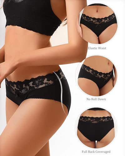 Image of Aijolen Cotton Underwear for Women Bikini Panties Sexy Breathable Hipster with Lace Waist Multipack