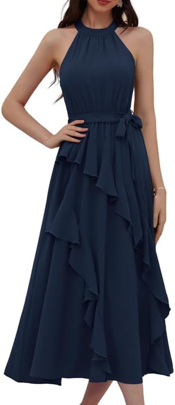 GRACE KARIN Women's 2024 Summer Sleeveless Halter Neck Ruffle Hem Split Flowy Swing Long Midi Dress with Belt