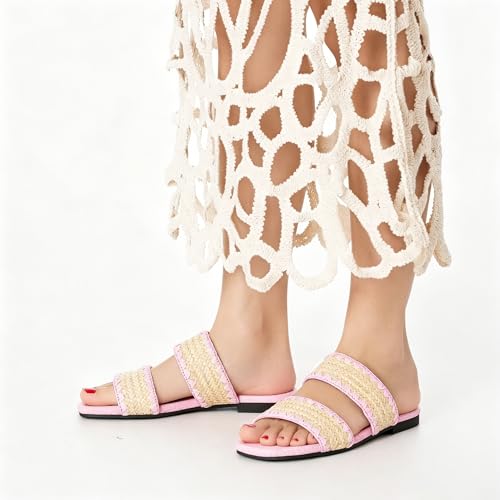 Image of Mtzyoa Women Flat Sandals Raffia Braided Summer Straw Dressy Casual Vacation Bohemian Cute Beach Comfy Slip On Slides
