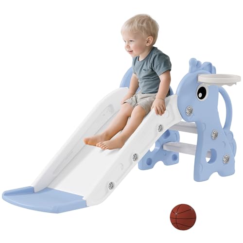 AIYAPLAY Tobogán Infantil 3 en 1 Tobogán para Niños de 1 a 3 Años con Escalera Canasta de Baloncesto y Diseño de Jirafa para Interior 106x51,5x52 cm Azul