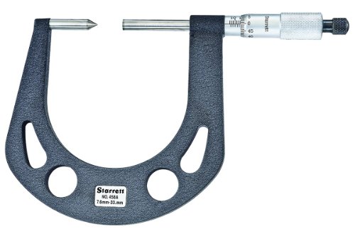 Starrett 458MAXR Automotive Disc Brake Micrometer, Ratchet Stop, Carbide Faces, 7.6-33mm Range, 0.01mm Graduation