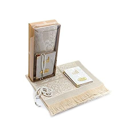 ihvan online Taffeta Fabric Muslim Prayer Rug & Velvet Covered Yaseen Surah Pocket-Size Book & Crystal Prayer Beads Set with Kraft Boxed, Perfect Islamic Ramadan Eid Gifts, Cream Cover