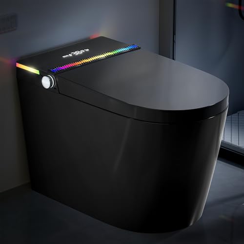 WinZo Smart toilet with Bidet incorporado, inodoro sin tanque, tapa autoabre/cierra con secador, asiento cómodo ADA, agua tibia instantánea, sensor de pie, pantalla LED, 1.28GPF negro