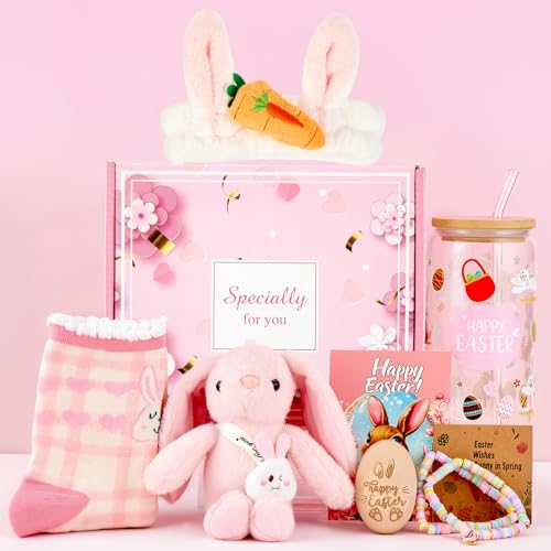 CCAENI Easter Gifts for Teens Girls,Basket Gifts for Women Easter Basket Essentials Stuffers for Girls & Adults Bunny Gift Ideas Set With Glass Cup,Rabbit Plush,Bracelet,Socks,Wooden Egg