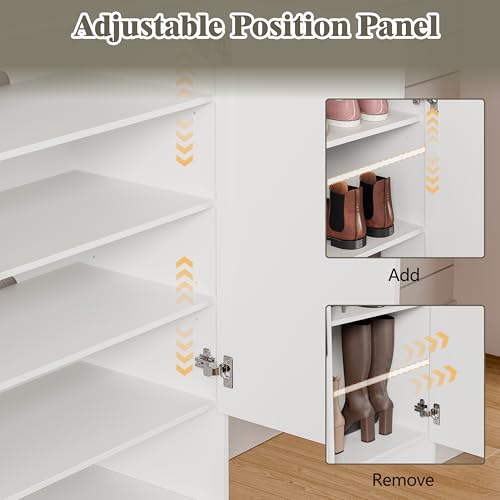 Image of Shoe Cabinet Storage for Entryway with Doors, 5 Tier Fluted Shoe Organizer with Adjustable Shelves, Entryway Shoe Storage with Wooden Legs, Freestanding Hidden Shoe Rack for Front Door Entrance, White