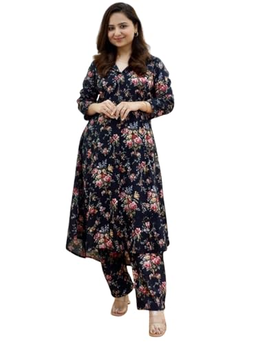 Image of Leriya Fashion Women's Cotton Printed A-Line Kurti Pant Set | Abstract Leaf & Floral Kurta with Trouser Pant | Casual Ethnic Co-ord Set for Women Stylish | Elegant Anarkali Style Tunic Kurta Set