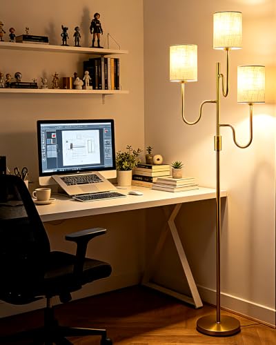 Image of Lightdot 63IN Gold Floor Lamp Dimmable 3-Lights LED Floor Lamps with Cylinder Fabric Shade& Warm White Bulb for Wedding /Party 3-Arm Standing Tall Lamp for Living Room /Bedroom /Sofa Beside /Corner Decor