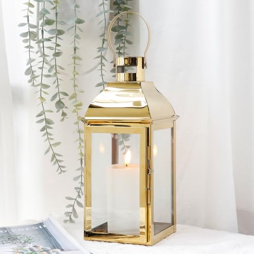 JHY DESIGN Edelstahl-Kerzenlaterne, 31,5 cm hoch, mit gehärtetem Glas, für Garten, Innen- und Außenbereich, Hochzeiten, Weinlese, Hängende Gartenlaterne (Gold)