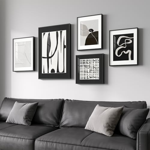 Framed Black and White Abstract Wall Art for Living Room, 5 Piece Modern Art Prints Paintings Artwork for Walls, Minimalist Pictures for Hallway Fireplace Dining Bedroom Office Bathroom Wall Decor