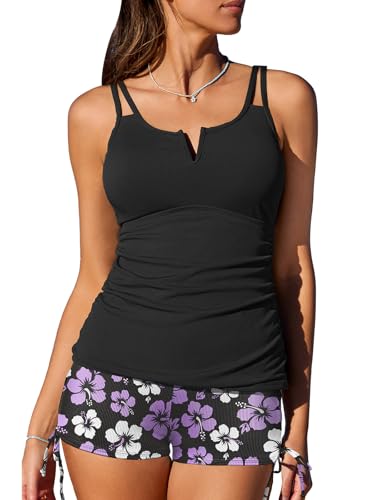 Image of Summer Mae Tankini Swimsuits for Women 2026 Bathing Suits Top Ruched Two Piece Tummy Control V-Wire Modest Swim Suits | Modest Bathing Suit, Flattering Swim Suit, Swimsuit with Adjustable Strap, Tankini with Shorts, Boy Shorts with Sporty Pocket