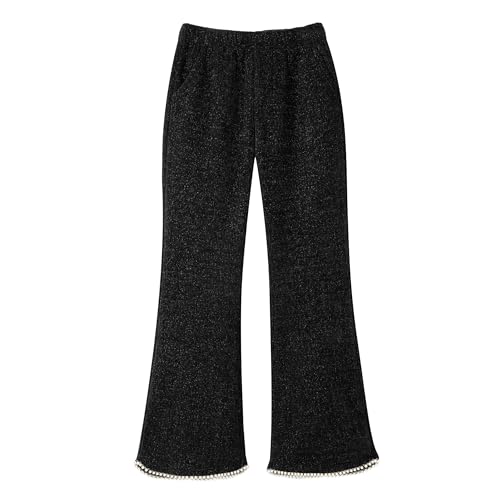 Rolanko Girls Corduory Trousers, Elastic Waist Shinny Ribbed Velour Flare Jogger Pants with Pearls, Black, Size: 140, 8-9 Years
