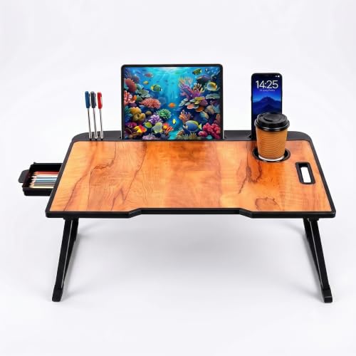 Image of Wood Multipurpose Foldable Laptop Table with Cup Holder | Table Home Study Writing Table, Foldable and Portable /Ergonomic Edges Kids & Adults