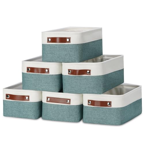 Image of DULLEMELO Set of 6 Small Baskets for Organizing, Small Fabric Storage Bins for Storage, Collapsible Storage Bins with Handles for Shelves, Closets (11.8 inchx7.9 inchx5.1 inch, White&Deep Green)