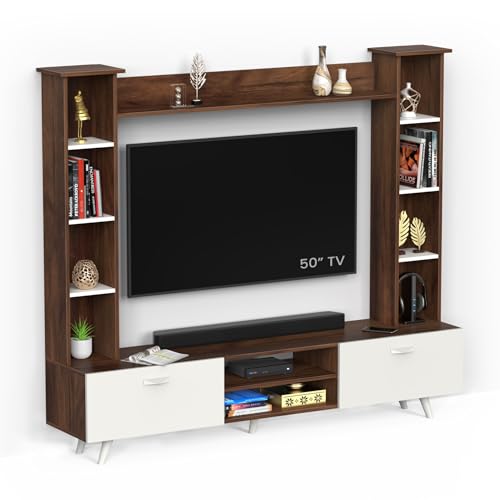 Image of BLUEWUD Pinn Modern TV Unit /TV Stand /TV Cabinet Panel /Entertainment Center with Storage & Display Shelves for Books & Decor, Living Room Fits Upto 60 Inches - (Brown Maple /White) (Pinn Modern TV Unit)