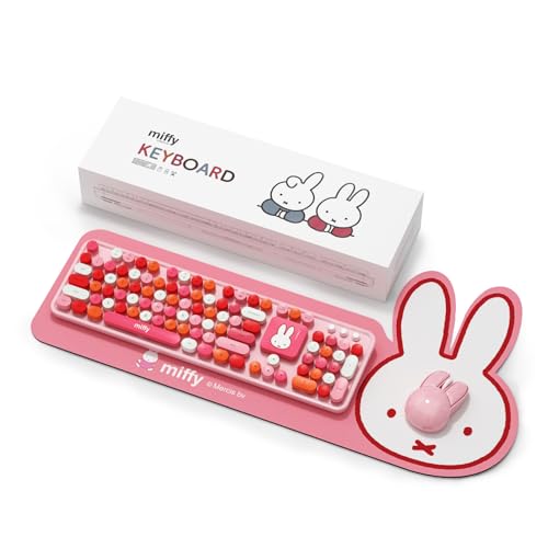 Miffy 104-Key Wireless Keyboard & Mouse Combo with Large Pink Desk Pad - Ergonomic Computer Accessories for Office/Home Cute Kawaii Design - Pink