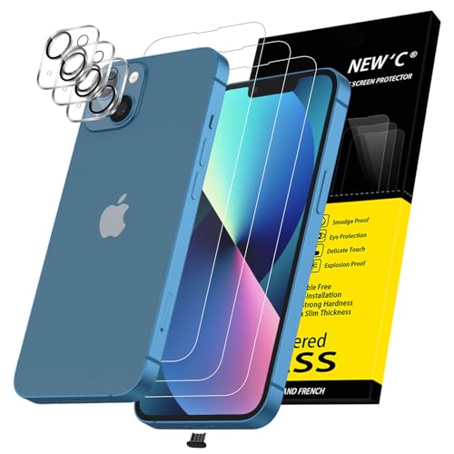 NEW'C 3x for iPhone 13 Screen Protector (6.1 inches)+ 3x Camera Lens Protector, Sensor Protection + Dust Plug - Case Friendly Tempered Glass Film, Ultra Resistant