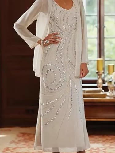 TORYEMY 2 Pieces Mother of The Bride Dresses with Jacket Sequin Chiffon Long Sleeve Formal Evening Dresses for Women2