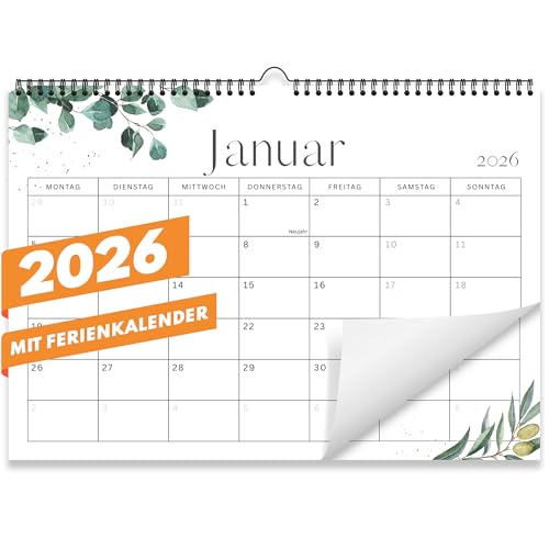 Kalender 2026 Wandkalender (Monatskalender im A4 Querformat) - Monatskalender 2026 für das ganze Jahr von Januar bis Dezember mit Ferienübersicht - Ideal als Paarkalender oder Familienplaner