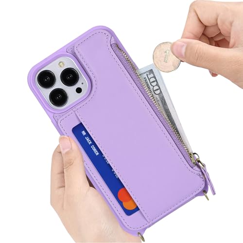 Image of Cavor for iPhone 14 Pro Wallet Case with Card Holder for Women,for iPhone 14 Pro Case with Strap,Crossbody Lanyard and Wristlet Zipper Pocket Phone Cover-Purple