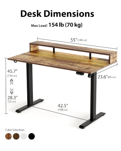 Image of Agilestic 55 x 24 Inch Electric Standing Desk with Shelf, Height Adjustable Desk with Power Outlets & LED, Sit Stand Up Table with Monitor Stand, Computer Workstation, Rustic Brown