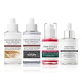 Korean Glass Skincare Set, Peel Shot Glow Rice Ampoule Duo + Pink Spicule Serum + Picotonic Shot Ampoule, Rice Exfoliator for Face Dead Skin, Pore & Spot Care, Pigmentation, Brightening, 4PCS