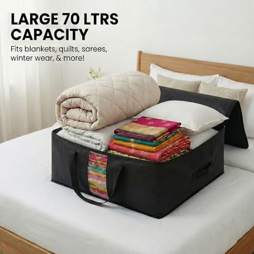 Image of EASY HOME 70 litre Storage Bags for Clothes Large | Cloth Storage Organizer with Zip Closure | Wardrobe Bag for Sarees, Quilts & Blankets | Moisture Proof Nylon Cover Bag (54x46x28 cm)