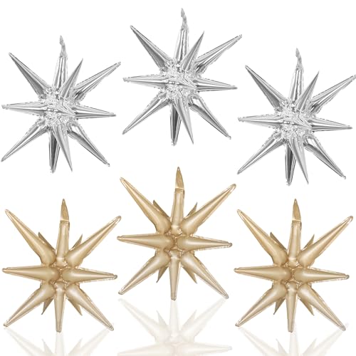 6 Pcs Silver Star Foil Balloons One-Piece 14-Pointed Star Balloon 4D Starburst Cone Mylar Balloon 22inch Christmas Birthday Wedding Wedding Anniversary Party Supplies (Silver + Caramel Colour)