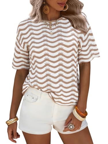 EXLURA Womens Summer Coverup Boho Tops Short Sleeve Crochet Knit