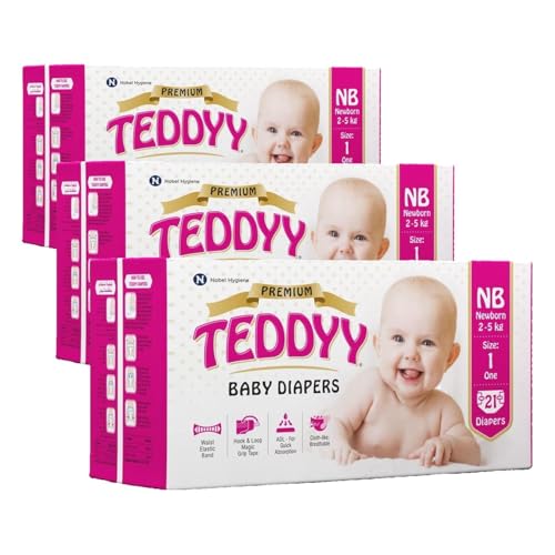 Image of TEDDYY Premium Baby NB Size Diaper Tape Style | 84 Count (New Born) | 2-5 kgs (Pack of 12) | Quick Absorbency | Extra Super Soft | Anti - Bacterial |Colour Changing Wetness Indicator with Adjustable Grip Tapes