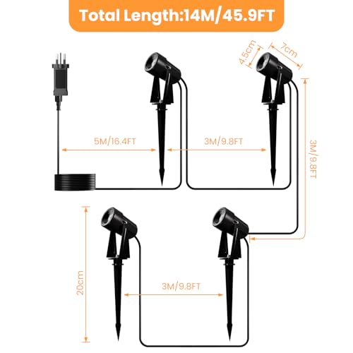 Yuusei Garden Lights Mains Powered, 4 in 1 Pack 14M Extendable Outdoor Spotlight, 3000K Warm White 27V LED Driveway Lights, IP65 Waterproof for Pathway, Fence, Pond, Yards - Image 3