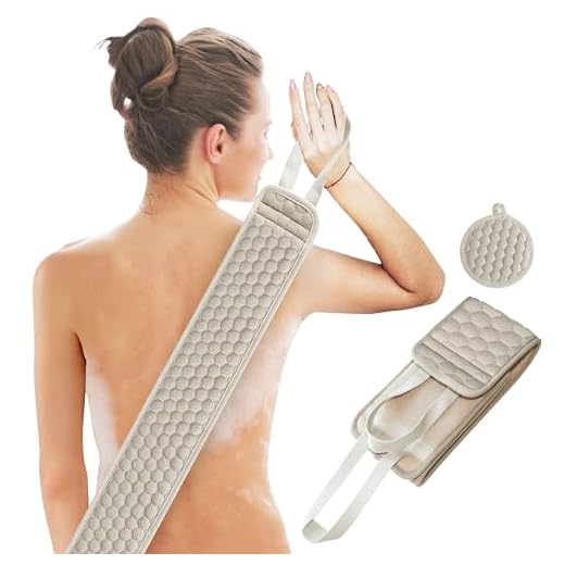 Suntee Exfoliating Back Scrubber& Exfoliating Sponge Pad Set for Shower, Bath Shower Scrubber for Women, Luffa Scrubber to Deep Clean Relax Your Body (32.3 inch length 3.5 inch width)