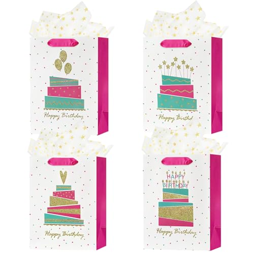 JUNENTER 4個入り 9インチ Sサイズ ピンク ハッピーバースデーギフトバッグ ハンドル付き 女性 女の子 赤ちゃん 子供用 かわいいパーティーペーパーバッグ ティッシュペーパー付き