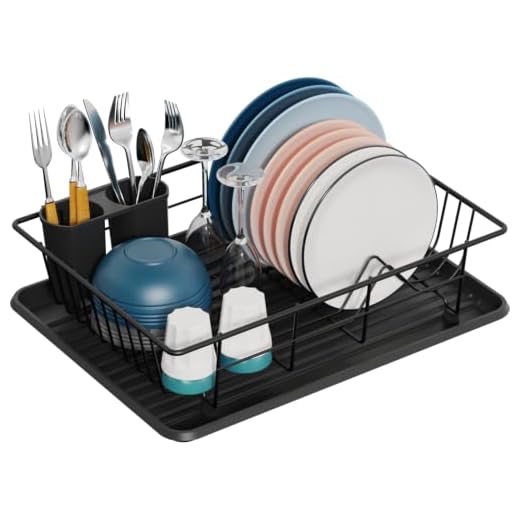 GSlife Dish Drying Rack, Small Dish Rack with Tray Compact Dish Drainer for Kitchen Counter Cabinet, Black